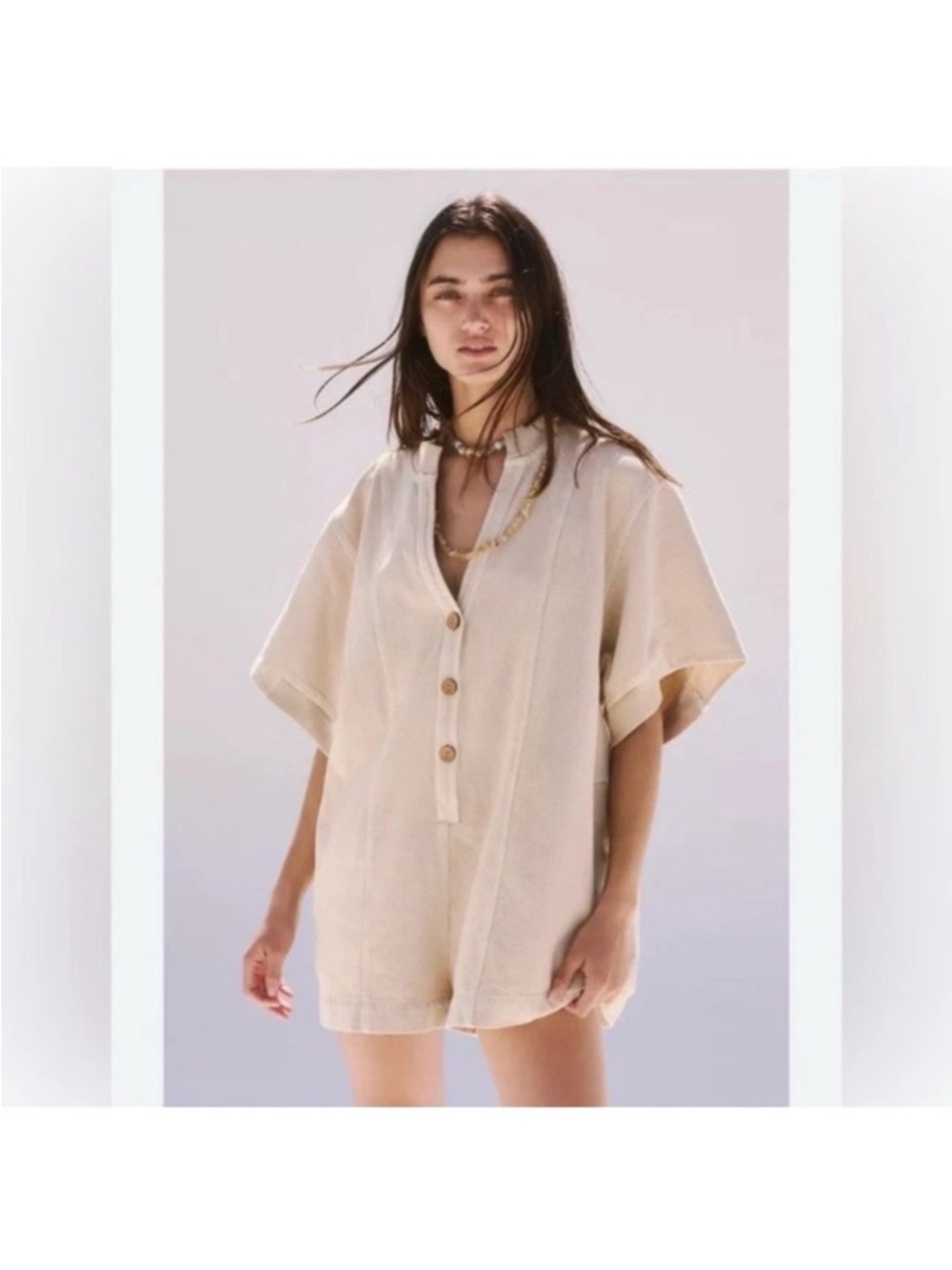 Free People Easton Oversize Romper Shorts in Wet Plaster Tan‎ Size Medium NWT